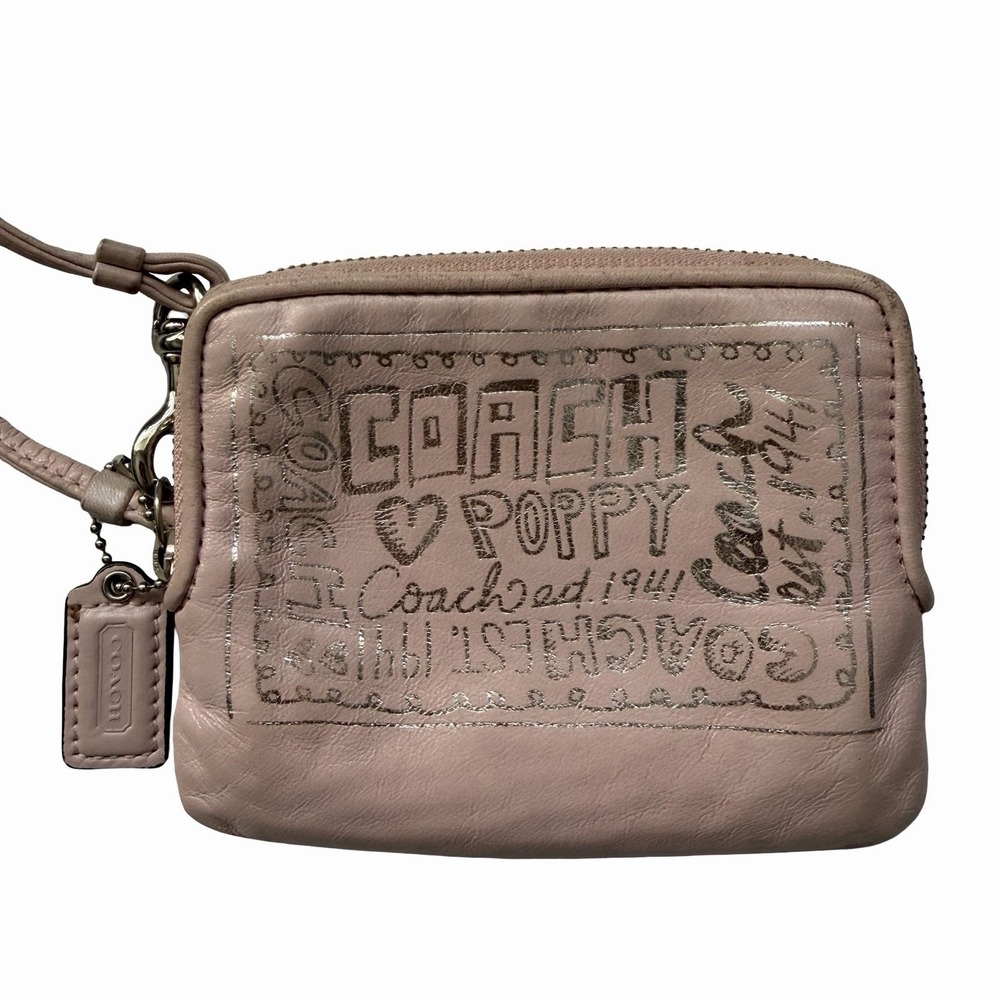 RARE Vintage Coach Poppy Leather Wristlet Pale Pink Doodle Card Wallet Y2k 2000s - Picture 2 of 11